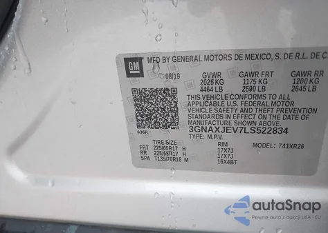 2020 Chevrolet Equinox Fwd 2Fl from USA, damaged, VIN 3GNAXJEV7LS522834